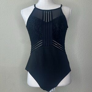 Love J Black Bodysuit Sheer and Lace‎ Button snap Size Large